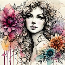 Blume einer Frau - Poetisch in Linie & Farbe von Marijke Trienekens