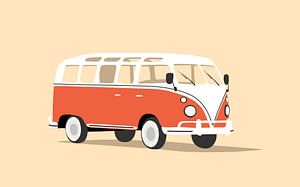 Rood volkswagen busje op een gele achtergrond