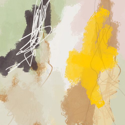 Modern abstract kleurrijk schilderij in pastelkleuren. Neongeel, wit, groen, beige.