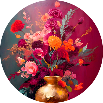 Sfeervol klassiek Stilleven. Gouden Vaas met kleurrijk boeket