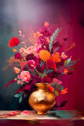 Sfeervol klassiek Stilleven. Gouden Vaas met kleurrijk boeket