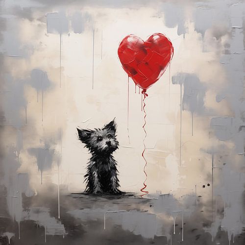 Petit chien avec ballon en forme de coeur