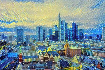 Gemälde Frankfurt: Frankfurter Skyline im Stil von Van Gogh von Slimme Kunst.nl