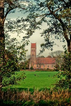 Church Midwolde in a frame with tree branches in portrait position by R Smallenbroek