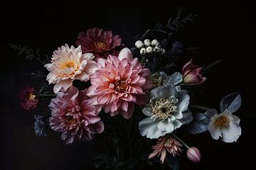 Üppige Blumen vor dunklem Hintergrund von De Muurdecoratie