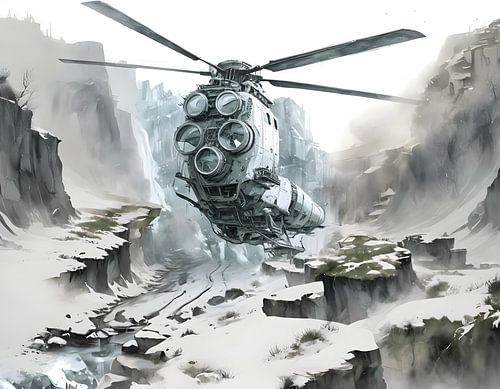 phantastischer Helikopter in einer verschneiten Schlucht