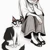 Caricature of a grumbling old woman and her cat by Karina Brouwer