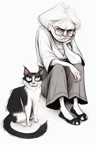 Caricature of a grumbling old woman and her cat