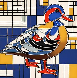 Canard mandarin en rouge, jaune et bleu