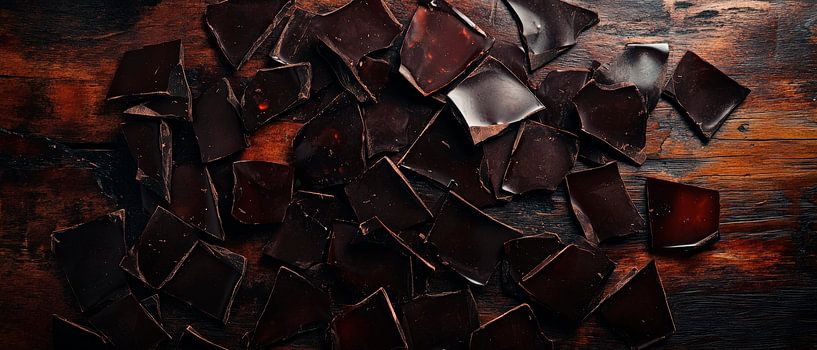 Dark chocolate chips on wood by Poster Art Shop