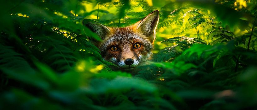 Fox in the dense green undergrowth by Poster Art Shop