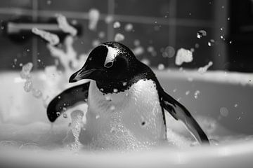 Cheerful penguin in the bath - an enchanting bathroom picture for your WC by Felix Brönnimann