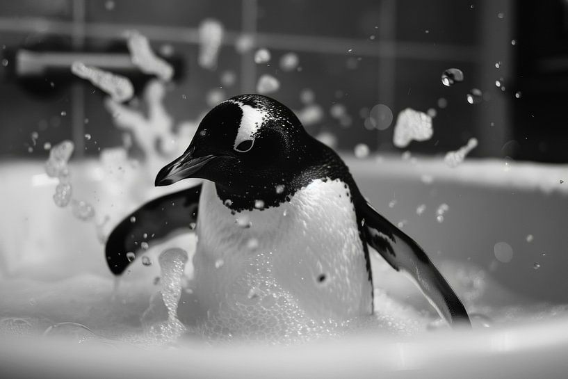 Cheerful penguin in the bath - an enchanting bathroom picture for your WC by Poster Art Shop