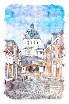 Uitzicht op de basiliek in Oudenbosch (aquarel) van Art by Jeronimo