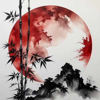 Dramatic Japanese Sumi-e Landscape Painting with Giant Crimson Moon and Bamboo