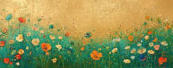 Flower field panorama with gold