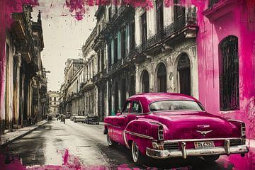 Mixed media schilderij, oldtimer in Havana, Cuba van BowiScapes abstract en digitale kunst