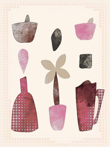 Compositie met fles, kan en bloem