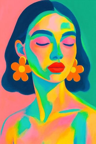 Colorful Abstract Female Portrait with Neon Accents – Modern Wall Art