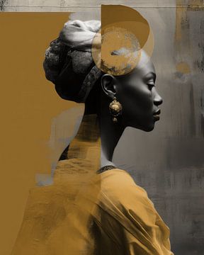 Modern portret in collage stijl, goudbruin van Carla Van Iersel