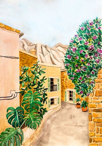 Sonnige Straße in einem europäischen Dorf