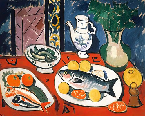 Gedekte tafel met vis en citroenen