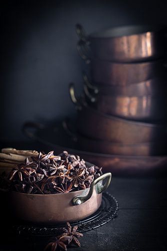 Spices in copper pans by Saskia Schepers