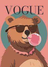 Bear stylish wearing sunglasses blowing pink bubble gum vogue poster by Cross