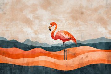 Flamingo in Zonsopkomst Abstracte Natuurweergave van Eva Lee