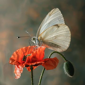 Weißer Schmetterling auf rotem Mohn von Carla van Zomeren