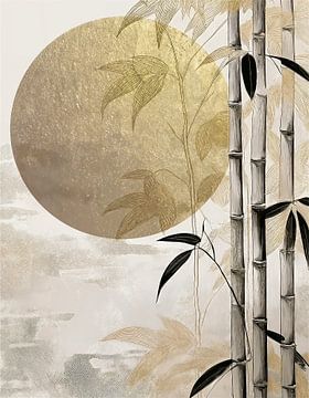 Japandi Art schilderij.  Zon schijnt achter  Bamboe van Studio Pieternel