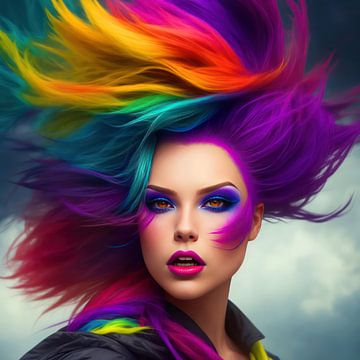 Portrait d'une femme aux cheveux très colorés dans le vent.