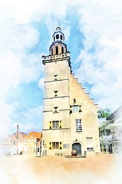 Stadhuis van Hulst, Zeeuws-Vlaanderen in aquarel van Danny de Klerk