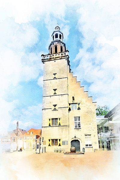 Town hall of Hulst, Zeeuws-Vlaanderen in watercolour by Danny de Klerk