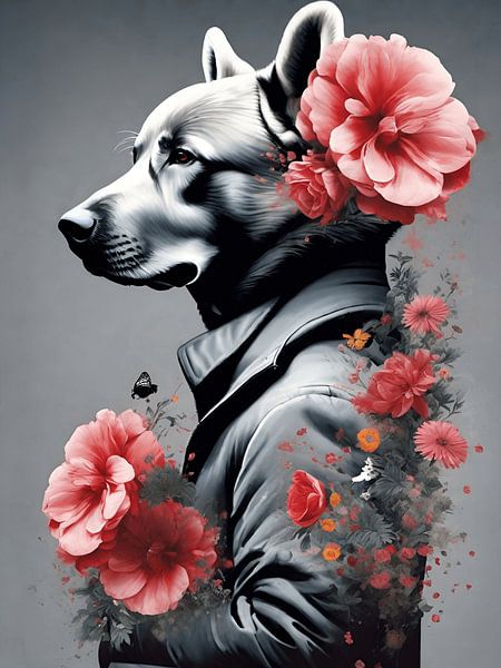 Bear in suit with pink flowers by On Your Wall