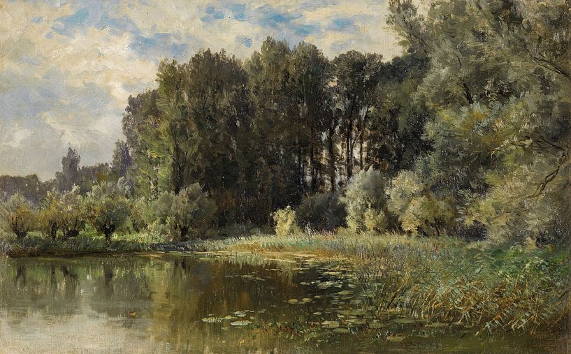 Carlos de Haes-Popular forest by the river, Antique landscape by finemasterpiece