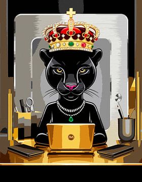 Zwarte panter (Pantheress) als designkoningin met gouden kroon van Liona Toussaint