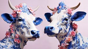 Vaches chics en bleu de Delft et rose