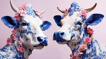 Vaches chics en bleu de Delft et rose sur Lauri Creates