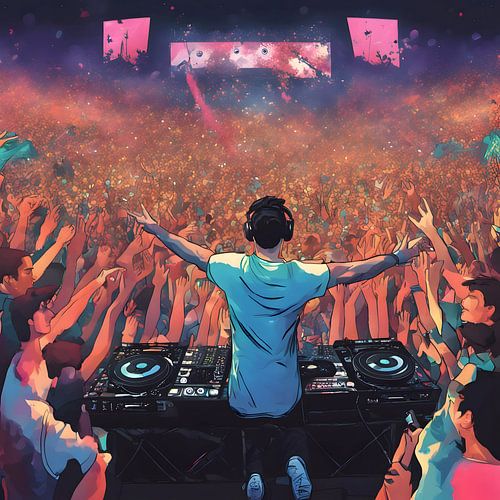 Abstract colorful DJ show with huge crowd