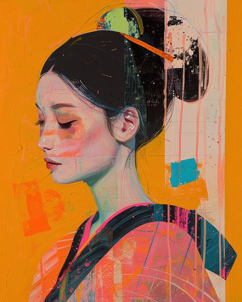 Colourful Abstract Geisha Portrait with Orange Background by Digatelier