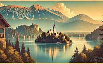 Vintage Slovenië, Meer van Bled Poster van Chromatic Fusion Studio