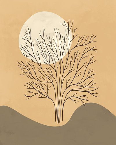 Minimalistische Landschaftskunst mit einem Baum und einer Sonne