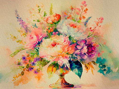 Romantisch Stilleven. Boeket bloemen op gouden vaas