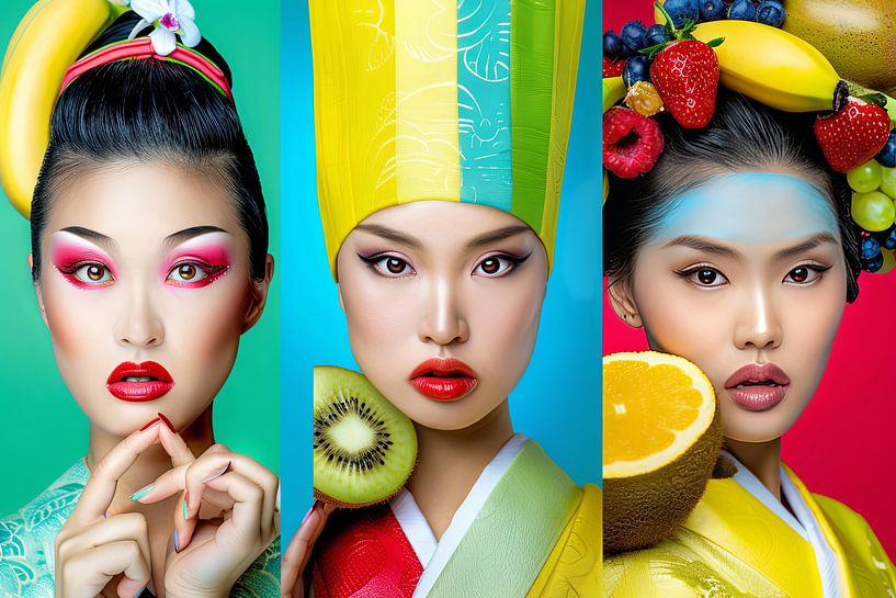 portrait femme japonaise avec fruit triptyque par Egon Zitter