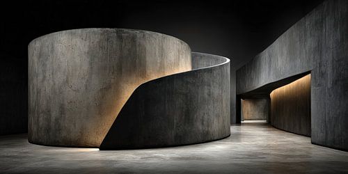 Gebogen betonnen kamer met zijgang