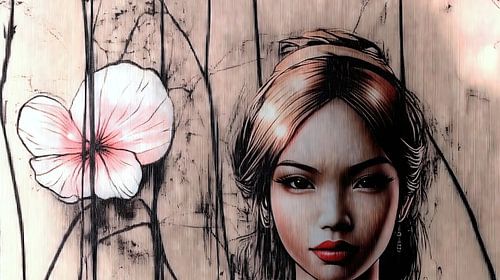 Vrouw met rode lippen in een zee van bloemen