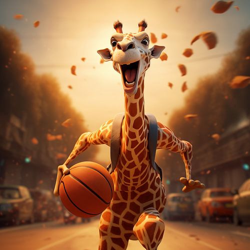 Giraffe plays basketball on the street