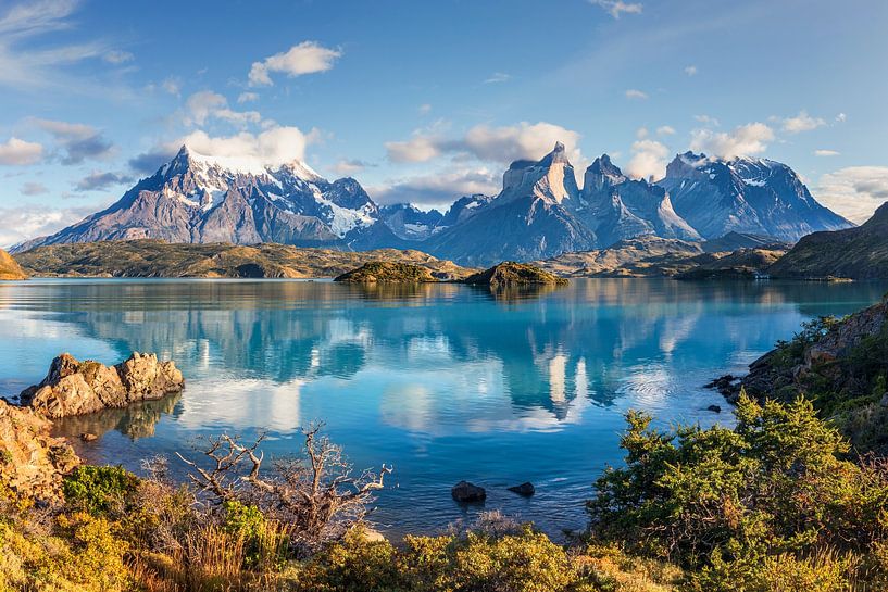 De weerspiegeling van het Lago Pehoe en de Cuernos Pieken in de ochtend, Torres del Paine Nationaal  van Dieter Meyrl