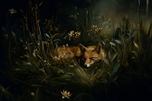 Sleeping fox in the grass at night